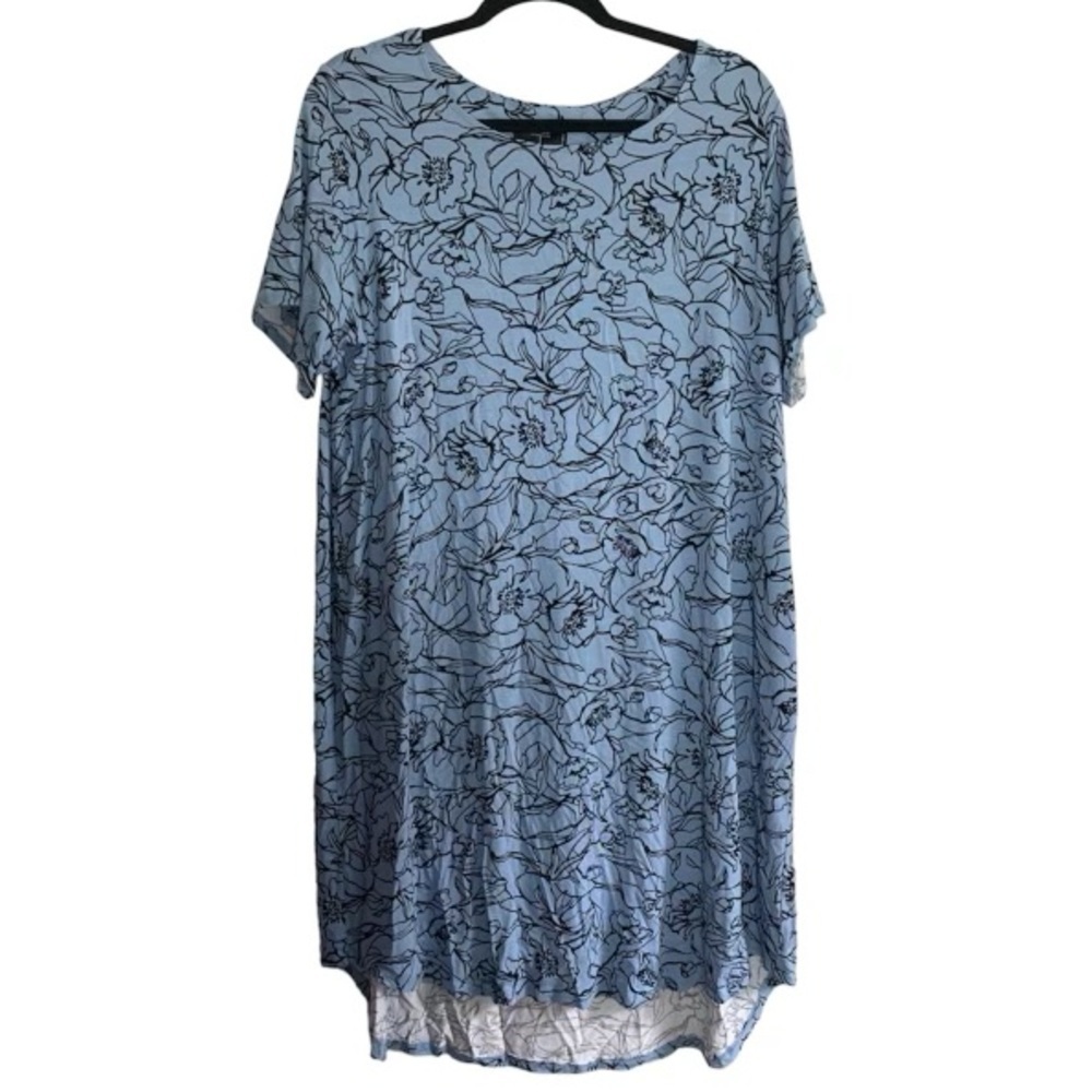 Tahari Pale Cerulean Blue Black Floral High Low Rayon Dress [Sz 1X], NWOT